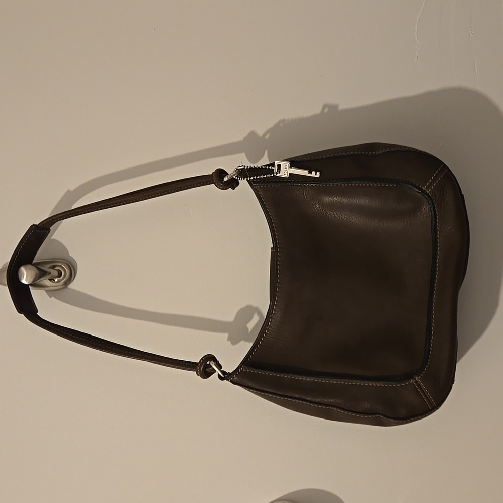 COPY - Fossil shoulder bag with contrast stitching Brown Leather